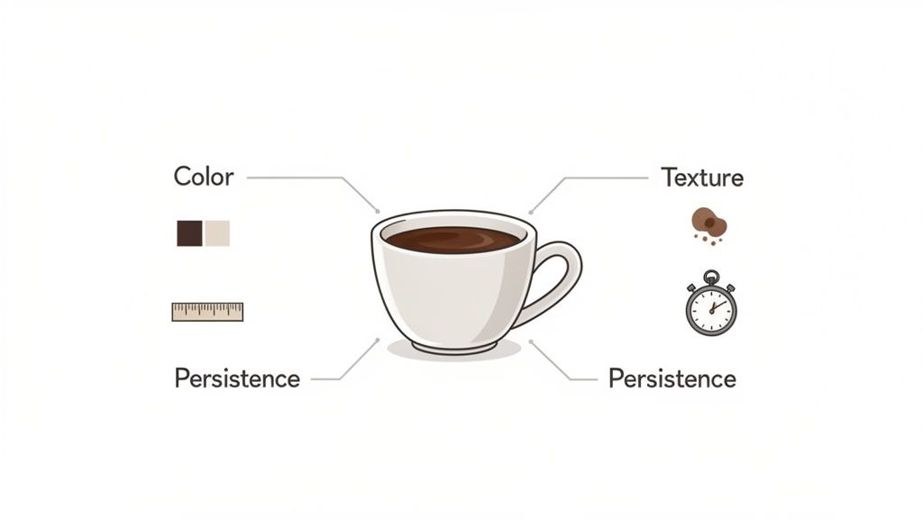 An infographic of a coffee cup showing properties like color, texture, and persistence measured by ruler and stopwatch.