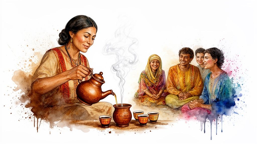 Watercolor painting of a woman pouring coffee into small cups for a smiling group of people.