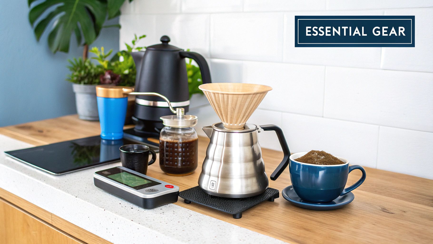 A complete pour over coffee v60 setup including a dripper, kettle, grinder, and scales