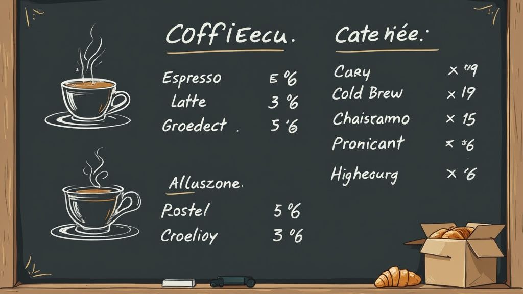 Hand-drawn chalkboard menu displaying coffee prices and pastries with steaming coffee cups.