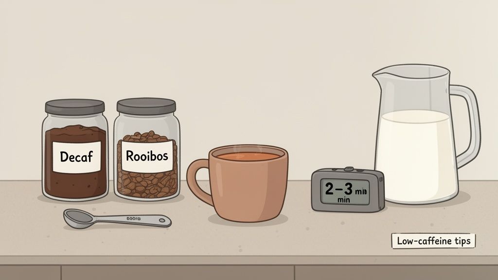 Decaf coffee, rooibos tea, milk, and a timer for 2-3 minutes, illustrating low-caffeine tips.