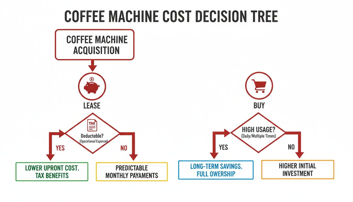 A decision tree illustrating the cost analysis for acquiring a coffee machine, comparing lease vs. buy options.