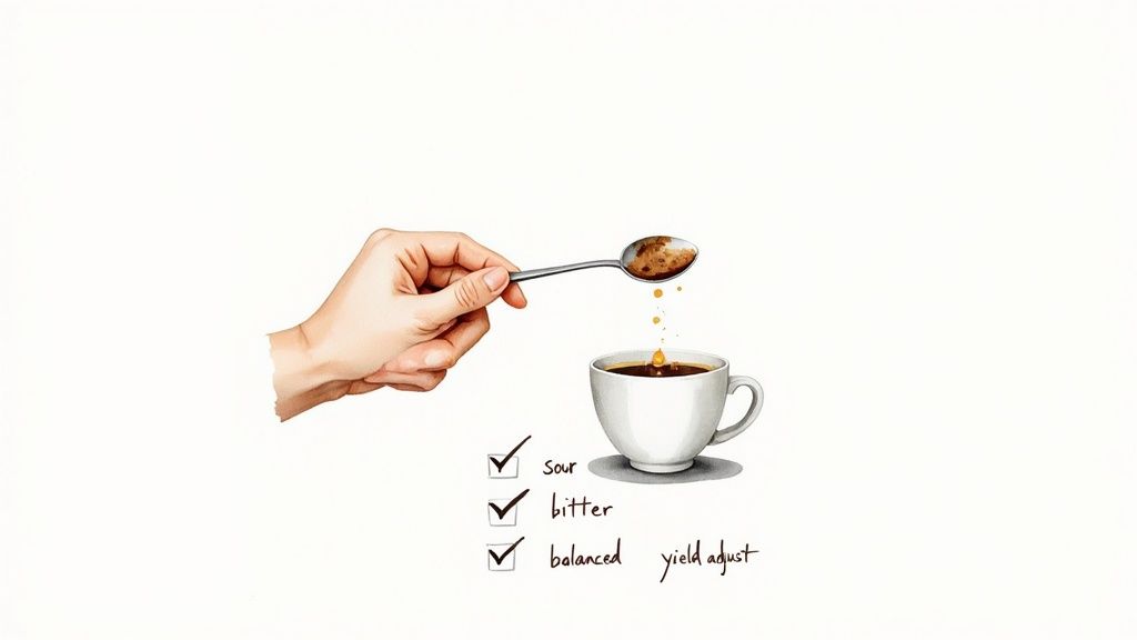 Hand with spoon tasting coffee from cup, checkboxes show sour, bitter, balanced, for yield adjustment.