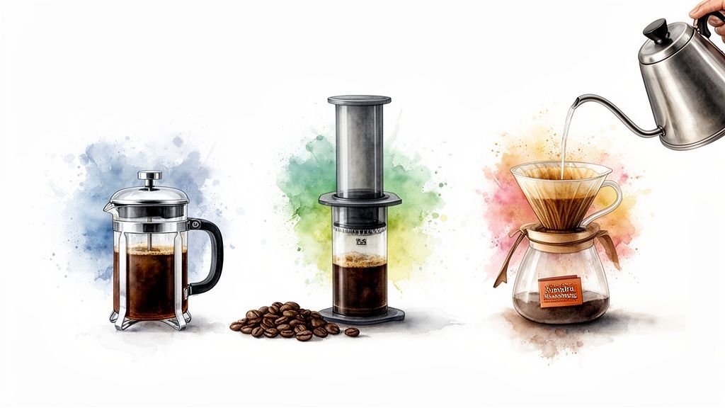 Three distinct coffee brewing methods: French press, AeroPress, and pour-over, with coffee beans.