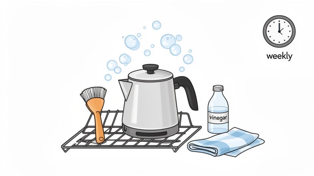 An electric kettle on a drying rack with a cleaning brush, vinegar bottle, and a cloth for weekly descaling.