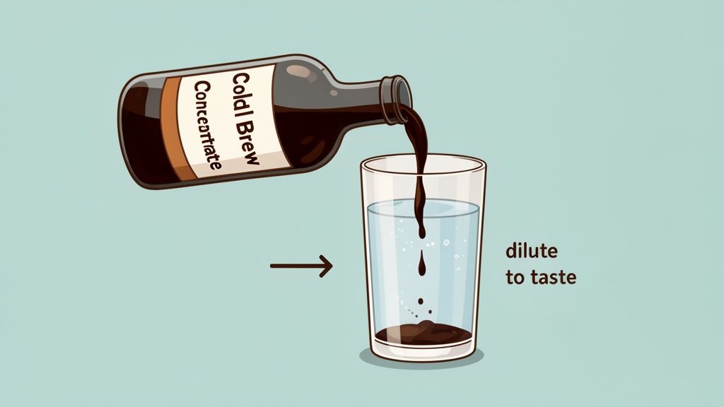 A bottle of cold brew concentrate pouring into a glass of water, with text "dilute to taste".