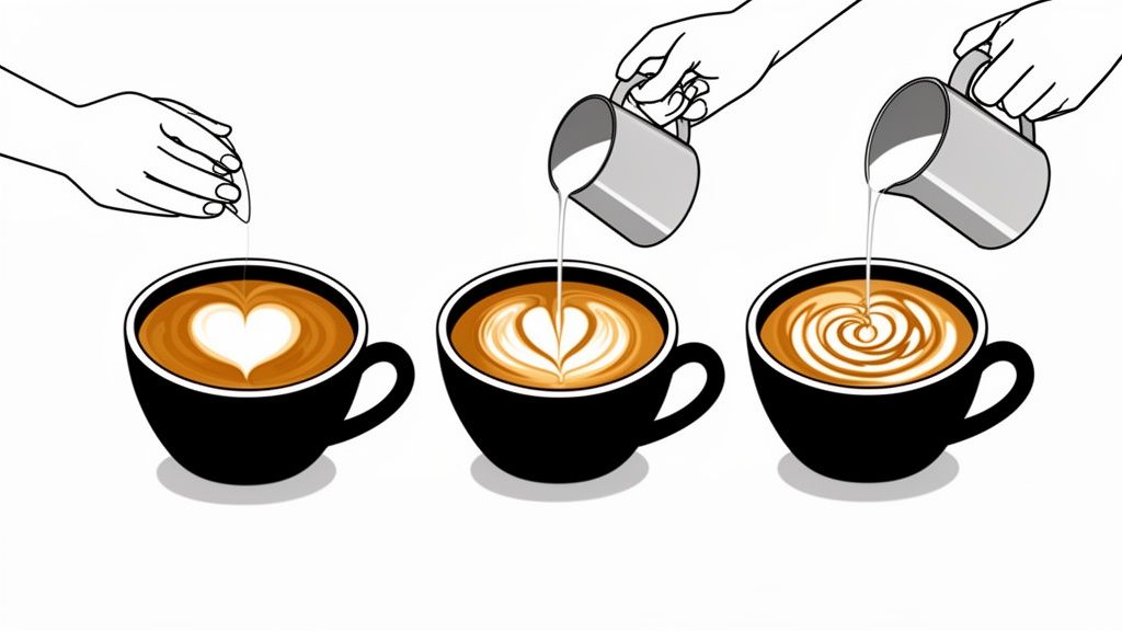 Three illustrations demonstrating different latte art techniques: a simple heart, a detailed heart/tulip, and a spiral rosetta design.