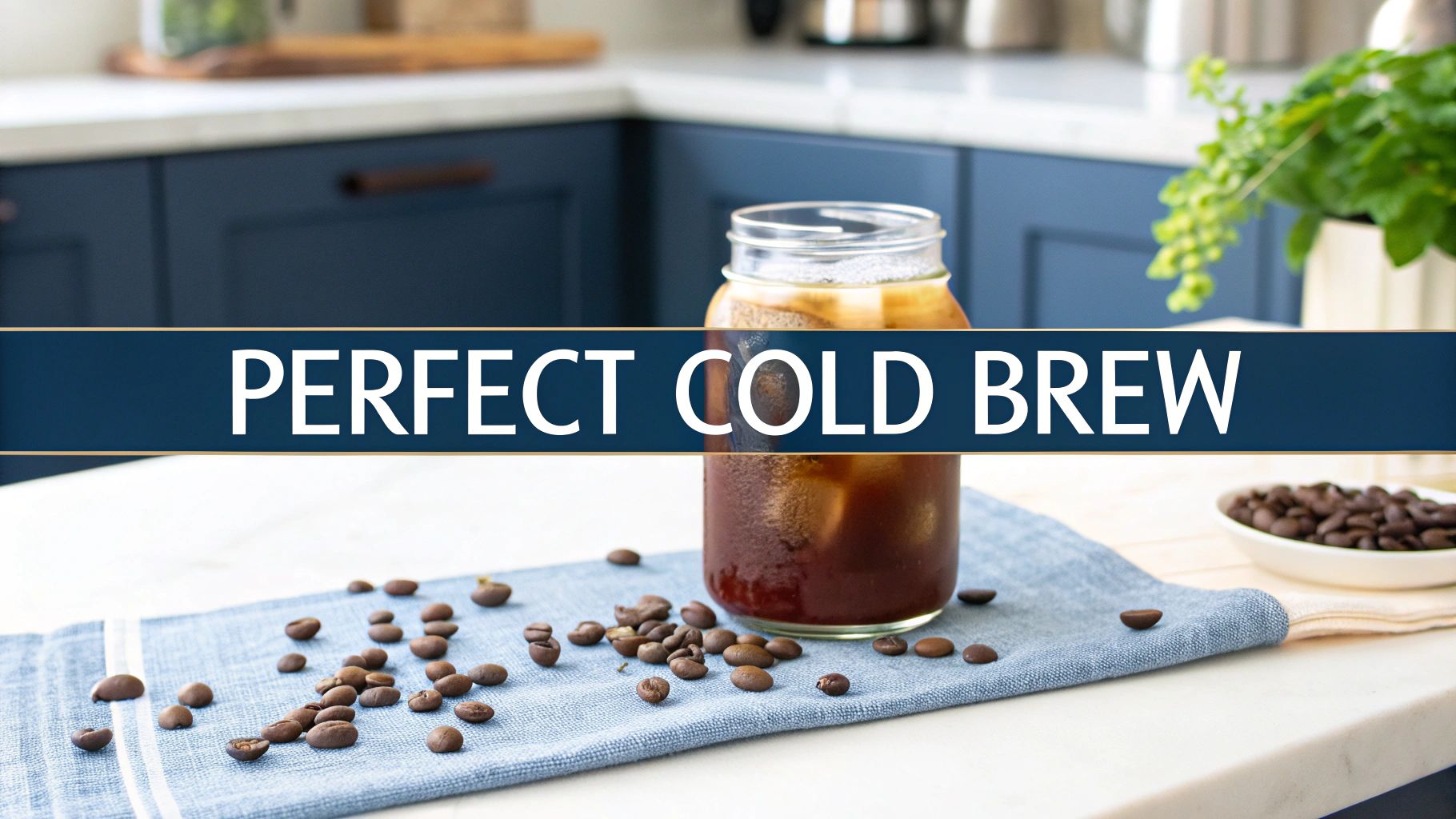 A glass of cold brew coffee with ice cubes and a metal straw, placed on a wooden surface.