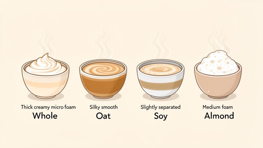 Illustration showing the different foam textures and appearances of whole, oat, soy, and almond milk in beverages.