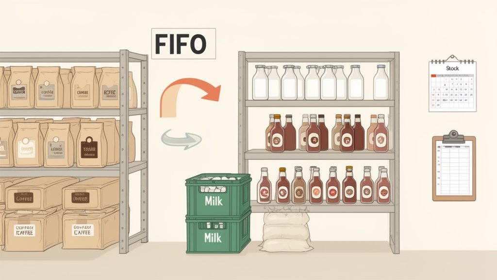 An illustration of a storage room demonstrating the FIFO method with coffee, milk, and various bottled goods on shelves.
