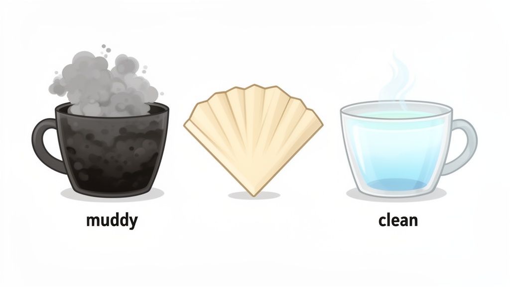 A black mug of muddy liquid, a coffee filter, and a clear cup of clean water demonstrating filtration.