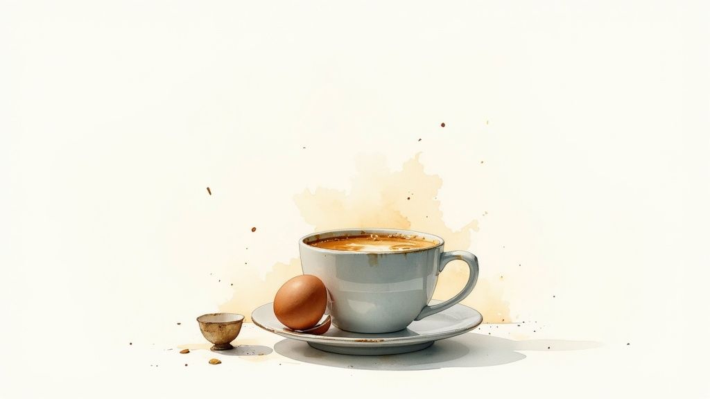 A watercolor illustration of a cup of frothy coffee, an egg, and a small egg cup on a white background.