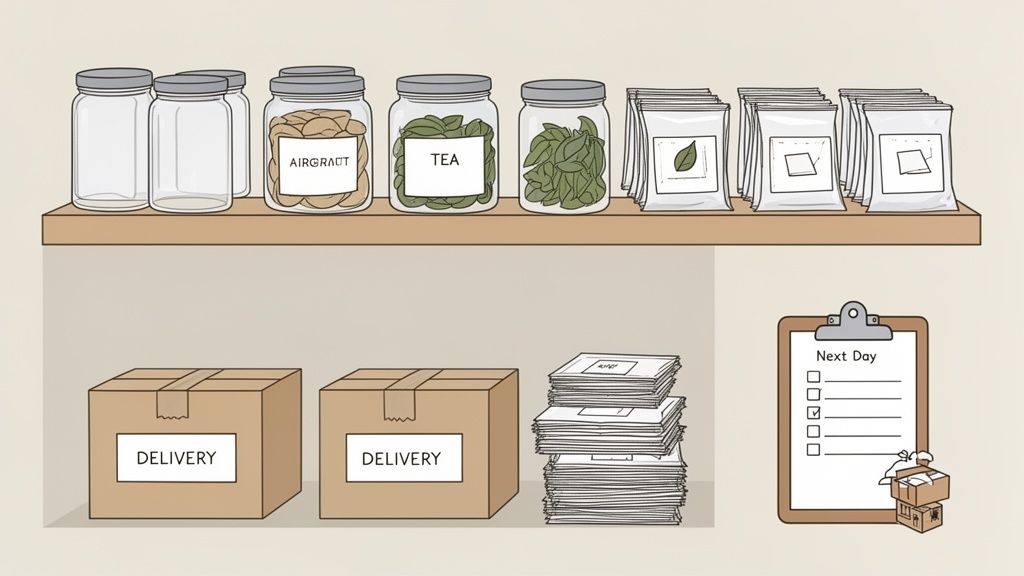 Organized storage shelf with labeled jars of tea, nuts, tea bags, delivery boxes, and a next day checklist.