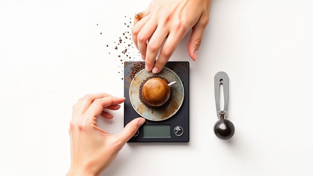 Hands weighing coffee beans on a digital scale with an espresso cup and a metal scoop.