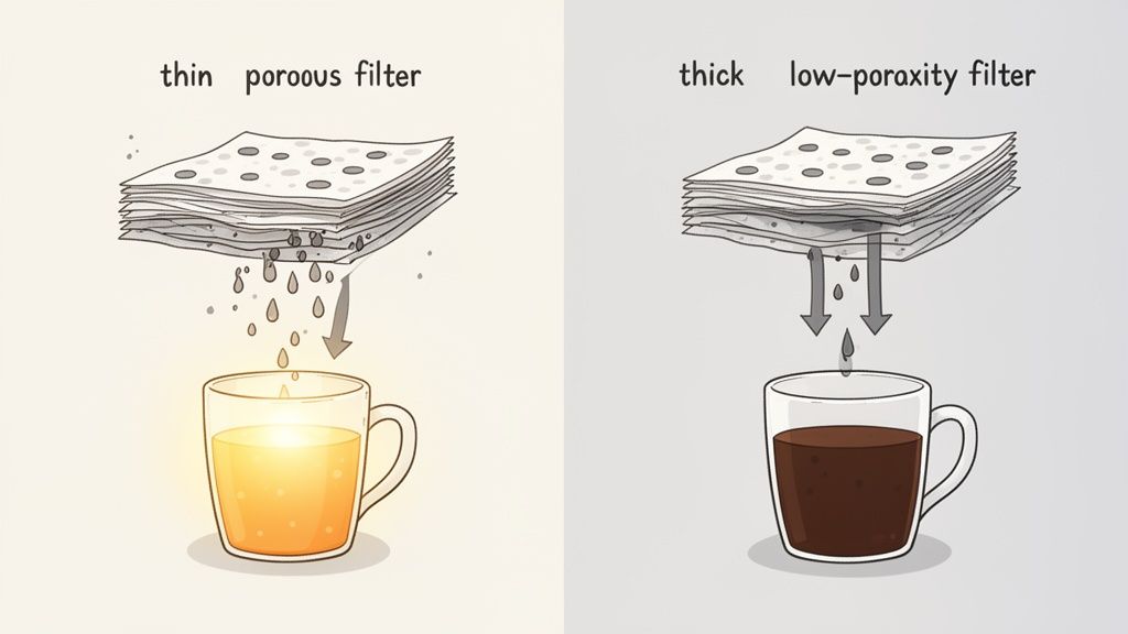 Illustration comparing filtration: thin porous filter yielding light, particle-rich liquid; thick low-porosity filter yielding dark, clear liquid.