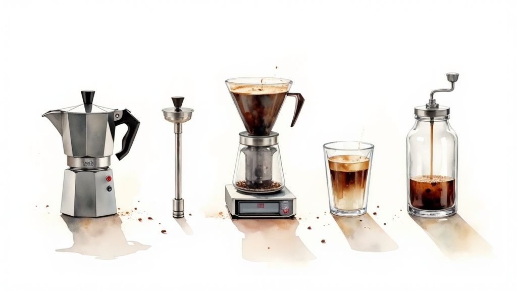A collection of coffee brewing equipment, including a Moka pot, pour-over, and grinder, with prepared coffee drinks.