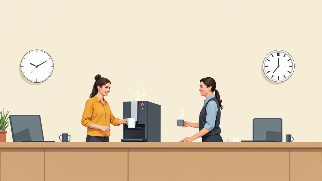 Two smiling women taking a coffee break at an office counter with an instant coffee machine and laptops.