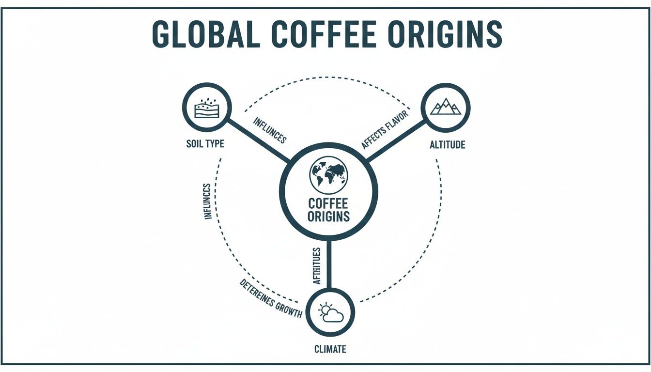 A diagram illustrating how soil type, altitude, and climate influence global coffee origins and flavor.