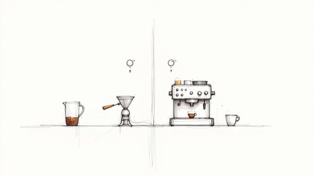 A modern kitchen counter with both a traditional espresso machine and a sleek bean-to-cup machine, showcasing the choice for home coffee lovers.