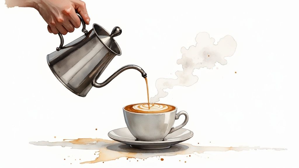 Hand pouring steamed milk from metal pitcher into white coffee cup creating latte art