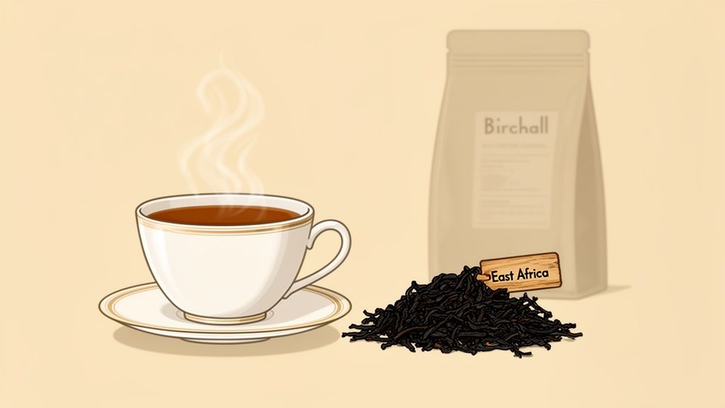 A steaming cup of East African tea with loose leaves and a Birchall tea bag.