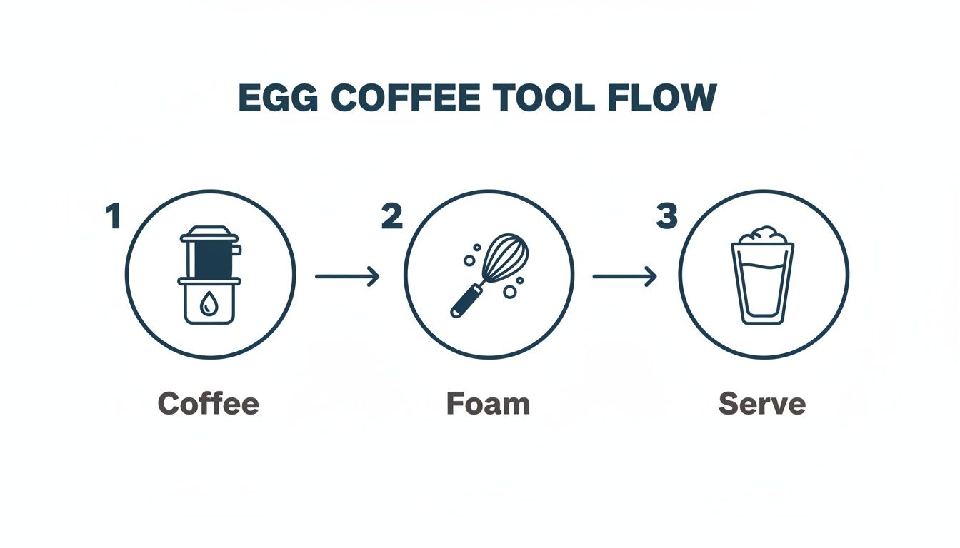 A three-step infographic showing the egg coffee process: brewing coffee, whisking foam, and serving.
