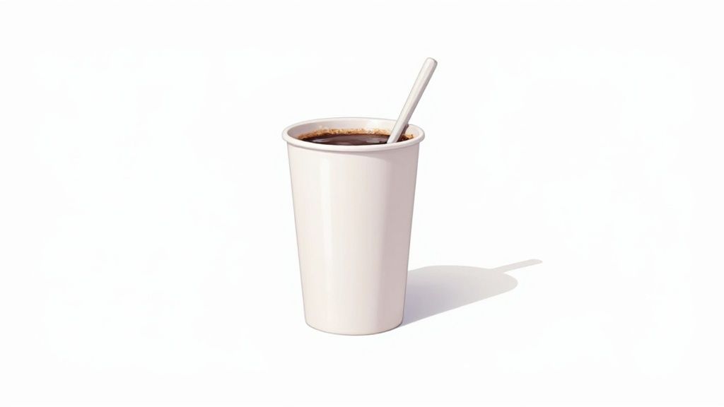A simple white disposable coffee cup filled with dark coffee and a stirrer on a white background.