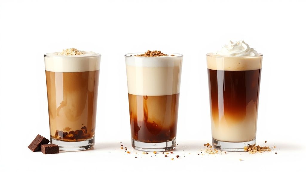 Three tall glasses of layered iced coffee drinks with various creamy toppings and garnishes.
