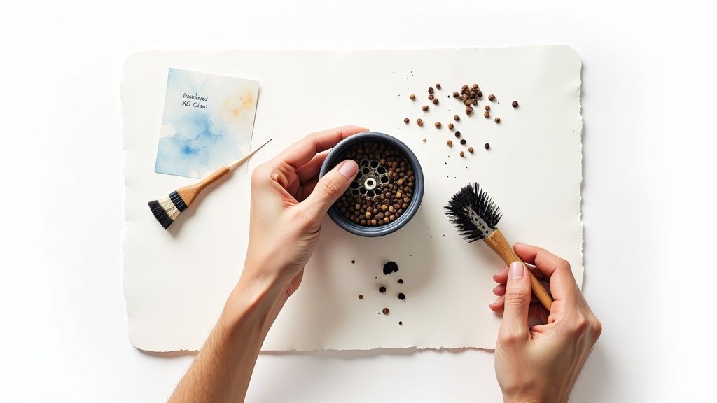 Hands cleaning a coffee bean grinder with brushes, surrounded by whole beans and a note card on white.