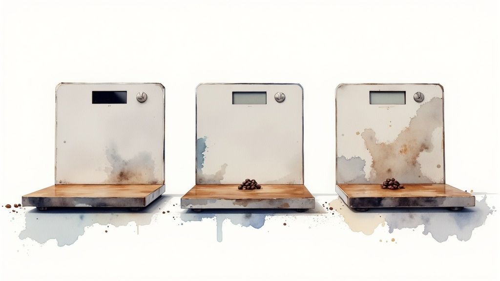 Three artistic digital coffee scales with wooden platforms and coffee bean piles on a white background.