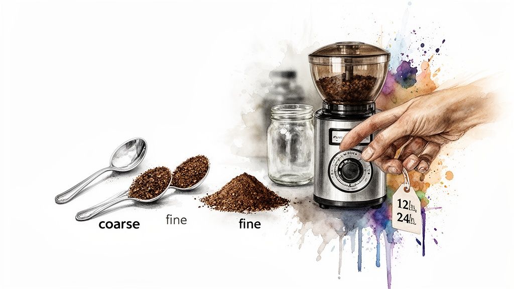 Illustration of coffee grinder with beans, showing coarse and fine grounds for cold brew.