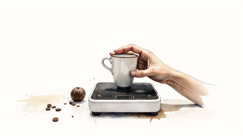 Watercolor illustration of a hand placing a coffee cup onto a digital scale next to scattered coffee beans.