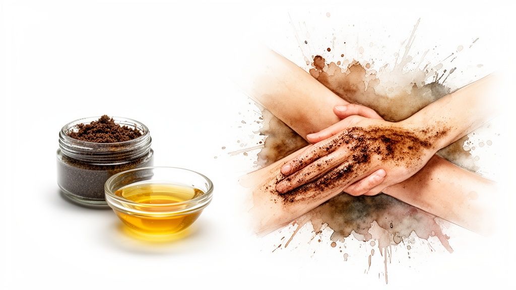 DIY coffee scrub ingredients: a jar of grounds, a bowl of oil, and hands applying the scrub.