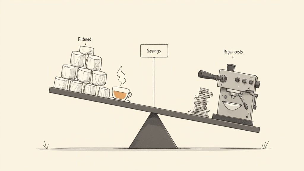 A seesaw illustrates coffee machine water filter benefits, showing savings and reduced repair costs.