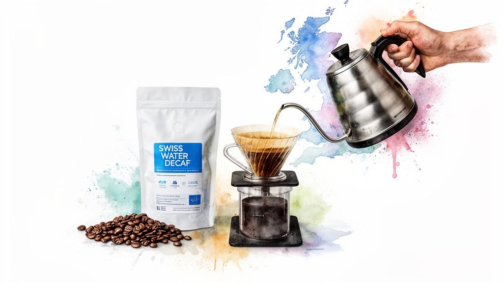 Hand pouring water into a coffee dripper next to a Swiss Water Decaf coffee bag and beans.