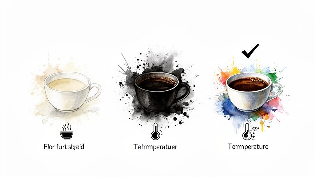 Three watercolor illustrations of coffee cups, depicting various temperature settings and preferences.