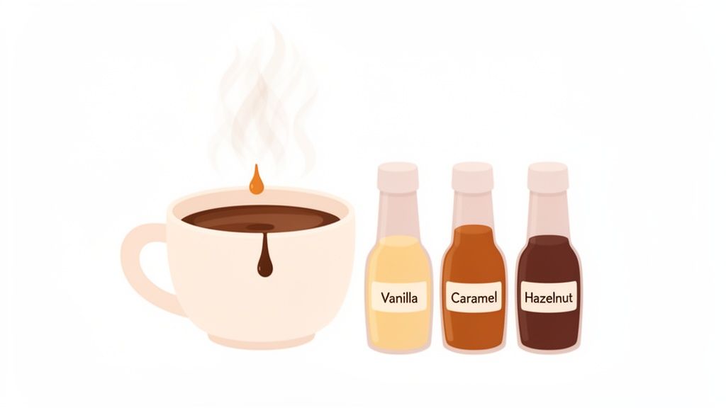 A steaming cup of coffee next to three labeled bottles of vanilla, caramel, and hazelnut syrups.