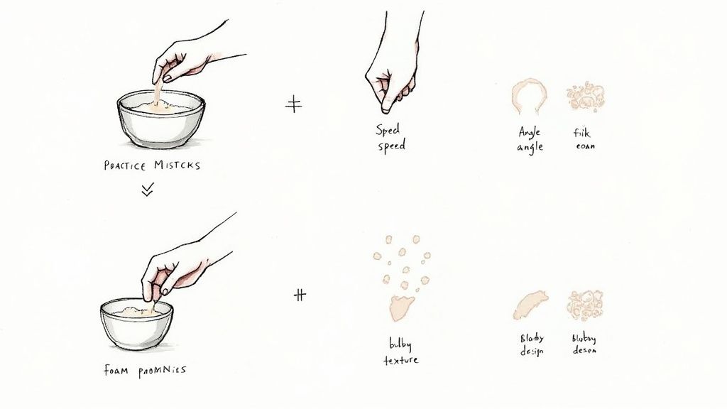 Close-up of a person practising pouring latte art into a coffee cup at home.