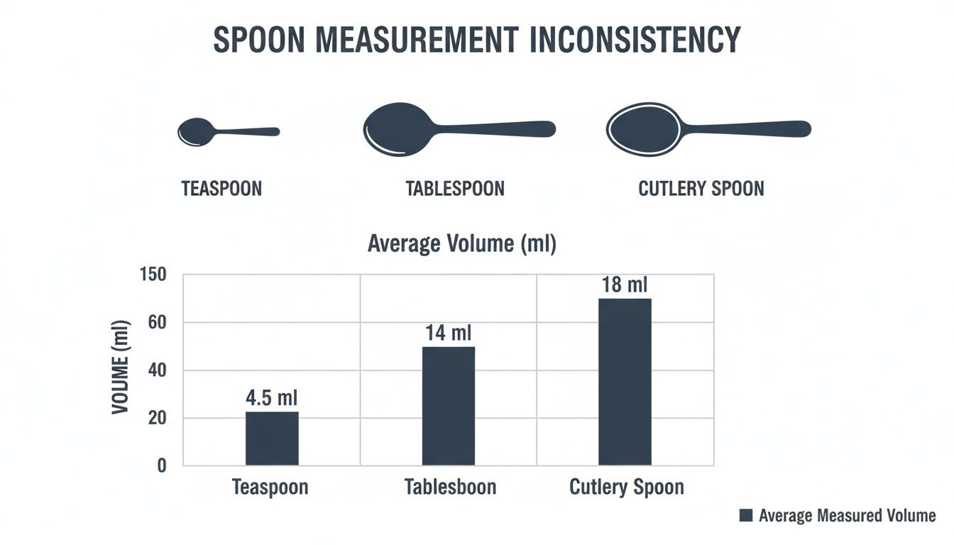 Infographic showing inconsistent average volume measurements for teaspoon, tablespoon, and cutlery spoon.
