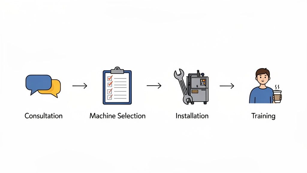 A four-step process diagram showing consultation, machine selection, installation, and training phases.