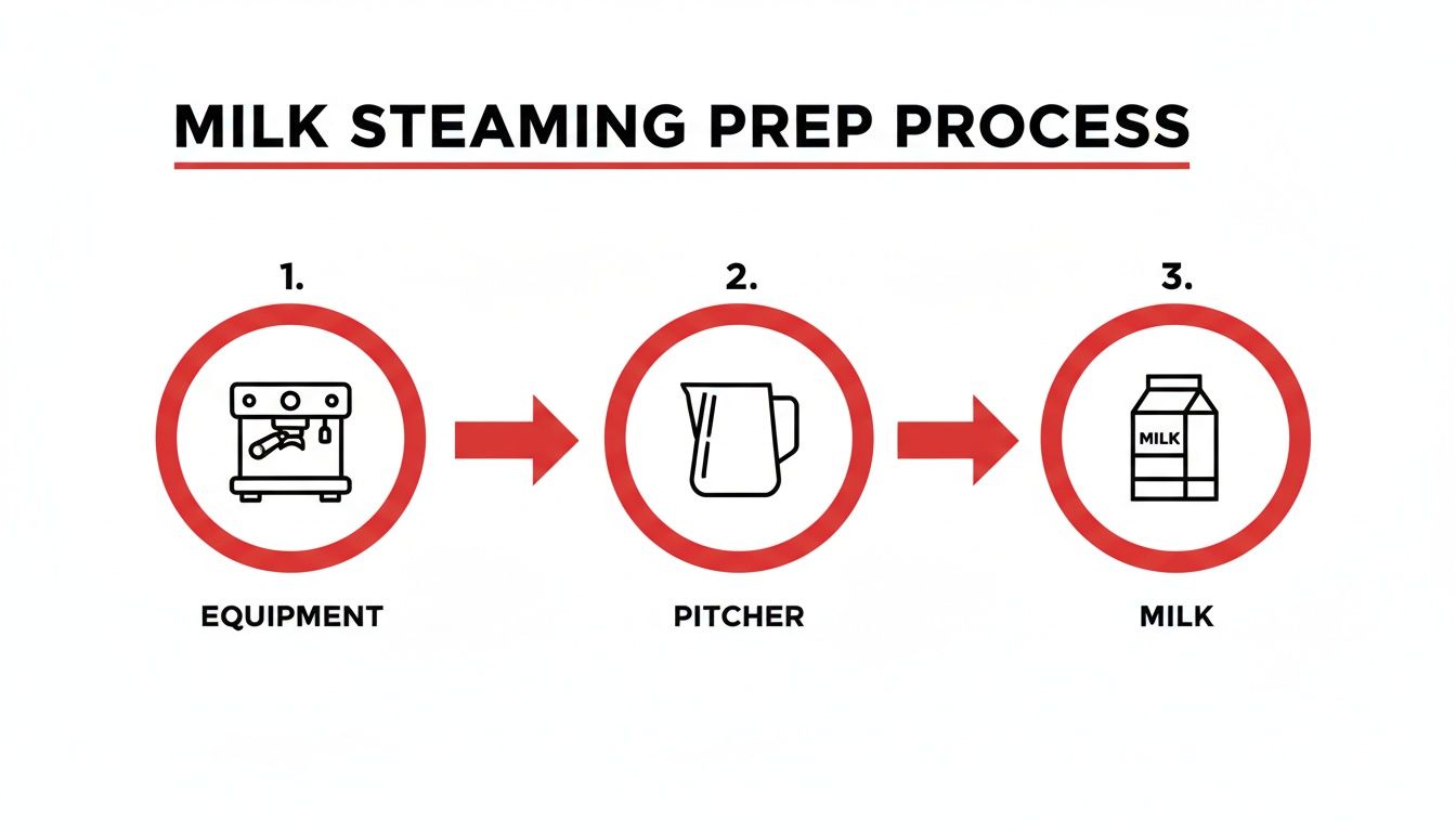 A visual guide illustrating the milk steaming prep process with icons for equipment, pitcher, and milk.