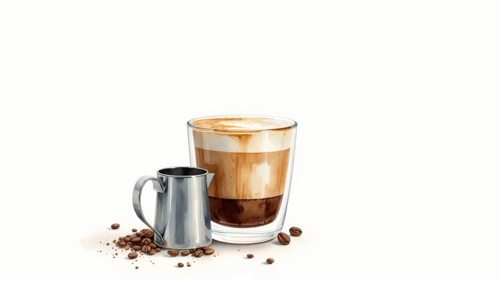 A layered cortado coffee drink in a clear glass next to a small silver pitcher and coffee beans.