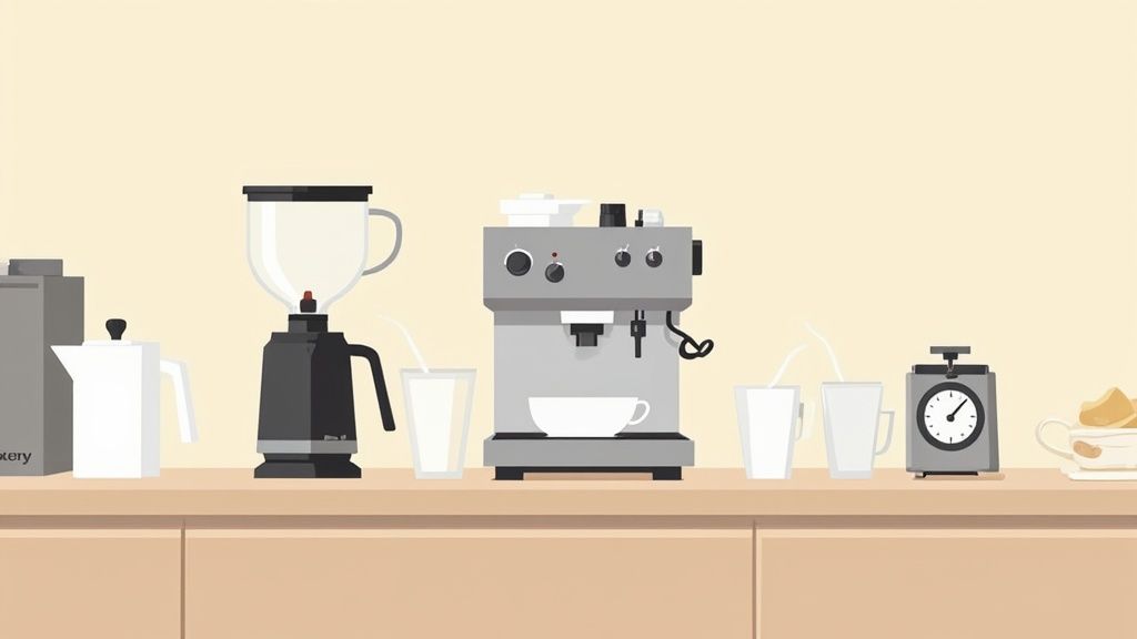 An illustrated coffee station featuring an espresso machine, grinder, pitchers, and cups on a countertop.