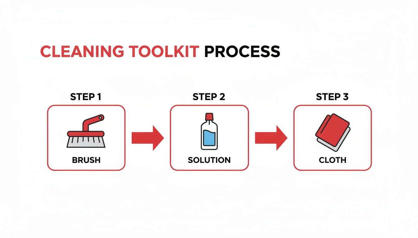 Infographic detailing a three-step cleaning process using a brush, solution, and cloth icons.