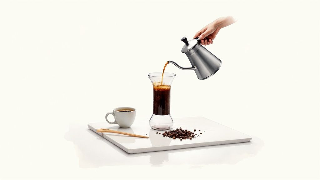 An AeroPress brewer and accessories arranged on a wooden surface