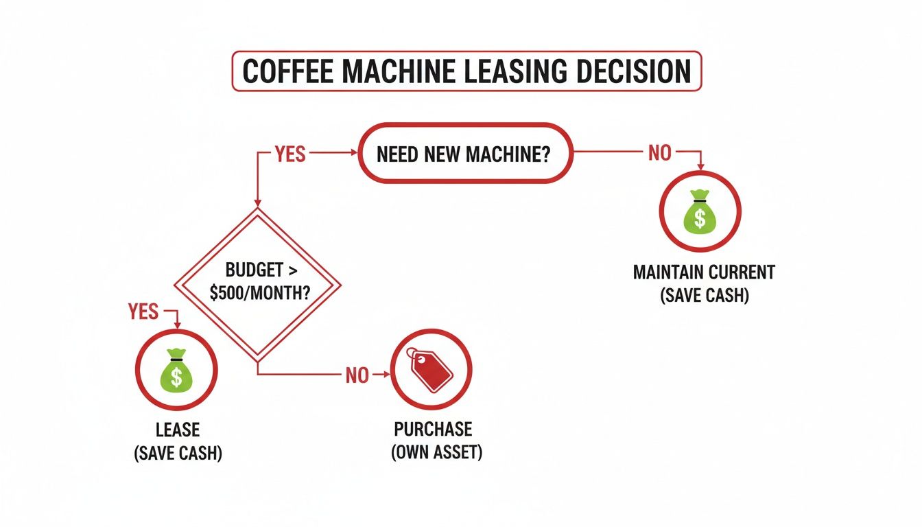 Decision flowchart for coffee machine leasing, purchase, or maintenance based on budget.