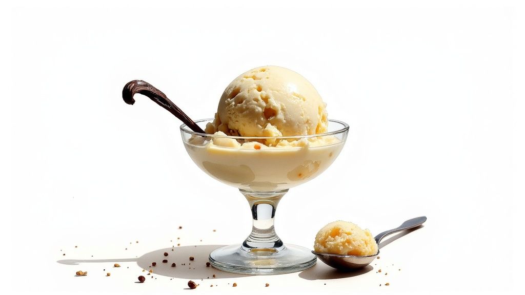 A scoop of vanilla ice cream in a glass bowl, with a vanilla bean and a spoon on a white background.