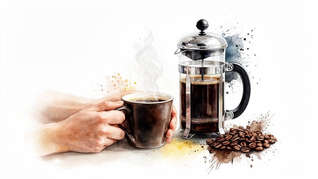 Steaming coffee in a mug held by hands, with a French press and beans.