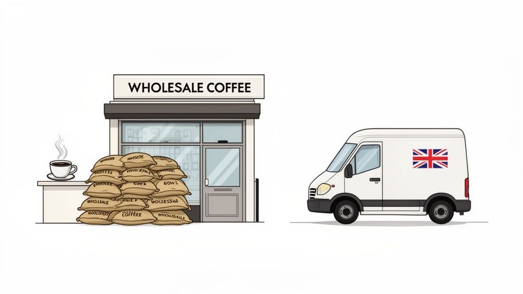 A wholesale coffee shop with sacks of coffee beans and a British delivery van for deliveries.