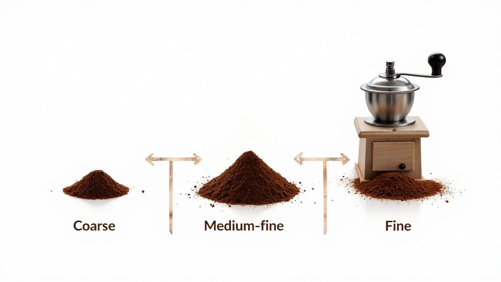 A close-up of coffee beans being ground in a manual burr grinder